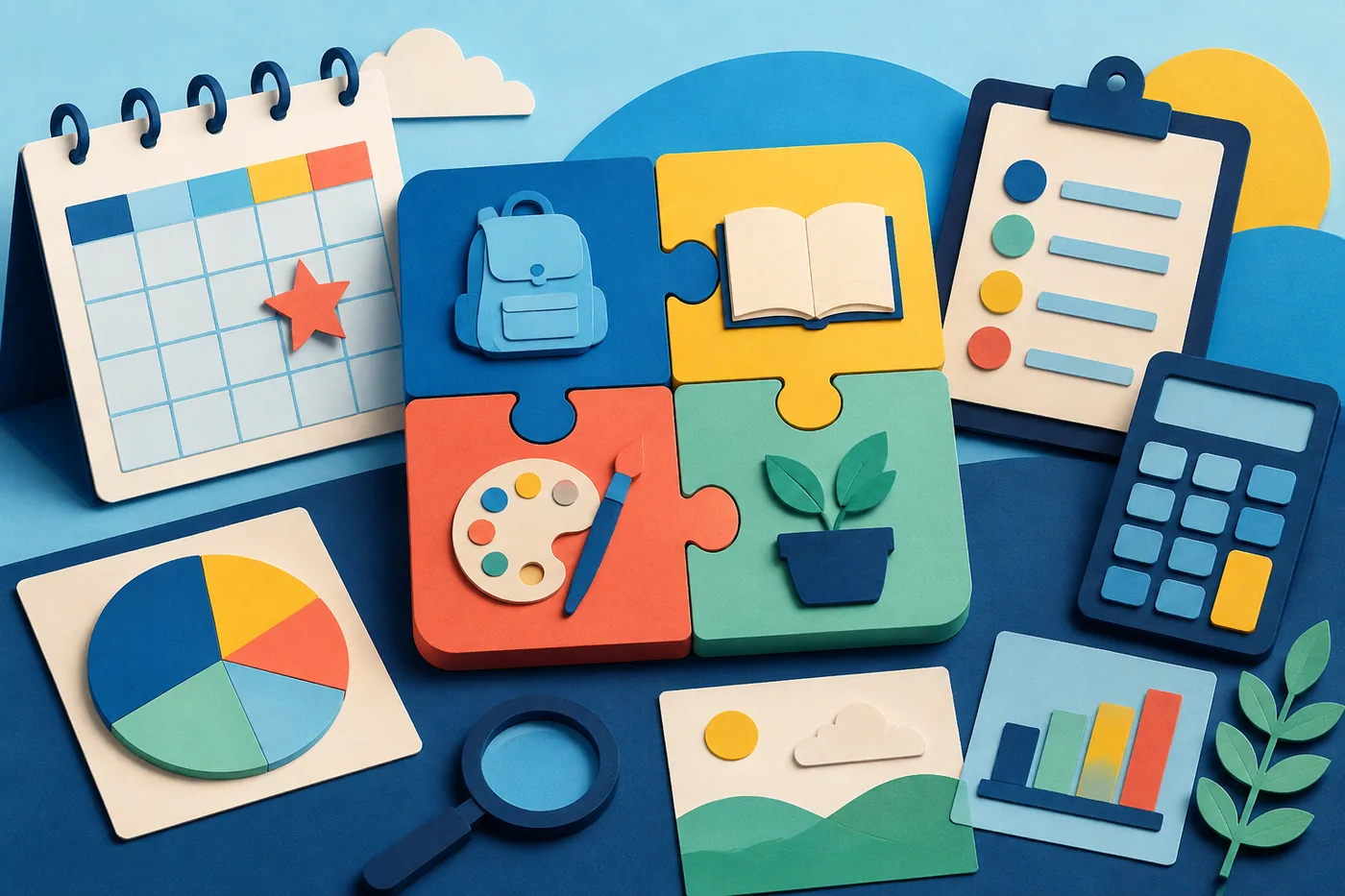 An illustrated planning puzzle connecting activities, resources, timing, and responsible choices.