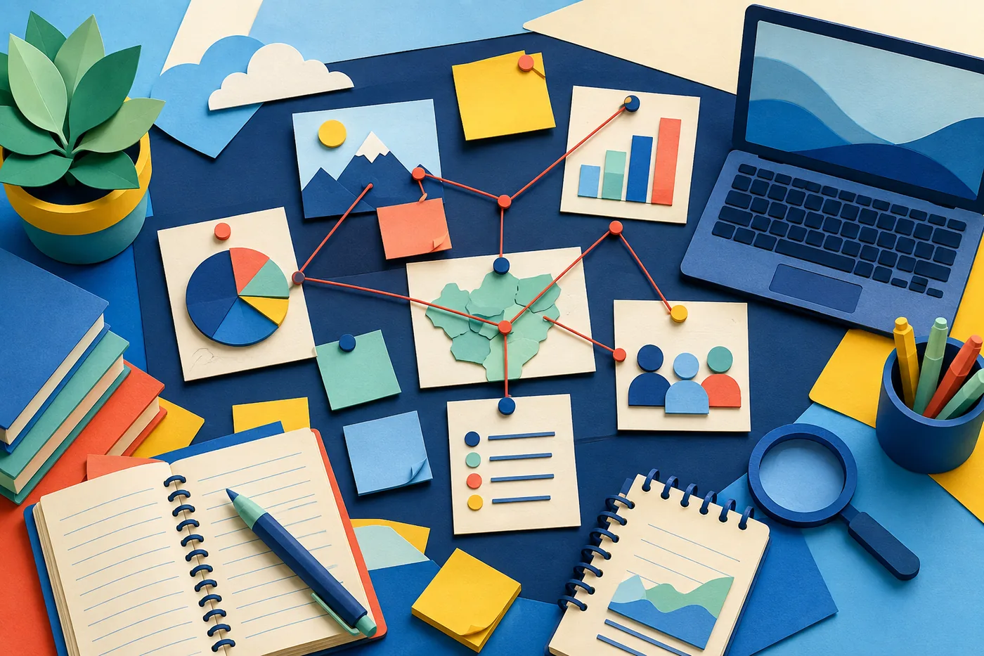 A research desk with notebooks, charts, a laptop, and connected evidence notes.