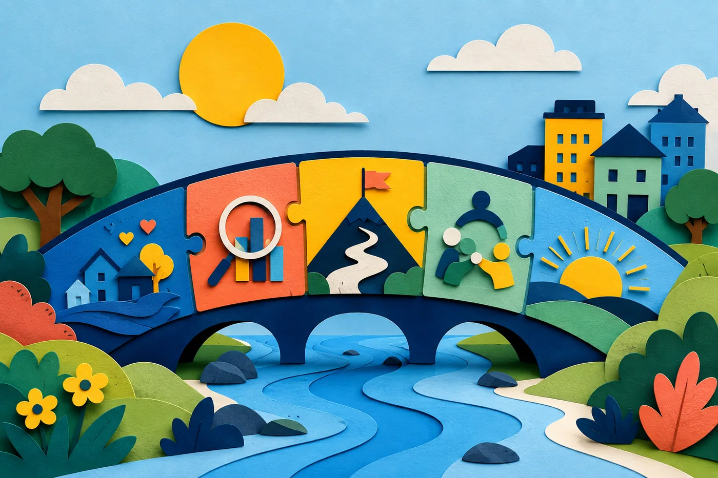 Colorful story, fact, goal, and outcome blocks joining into one bridge.