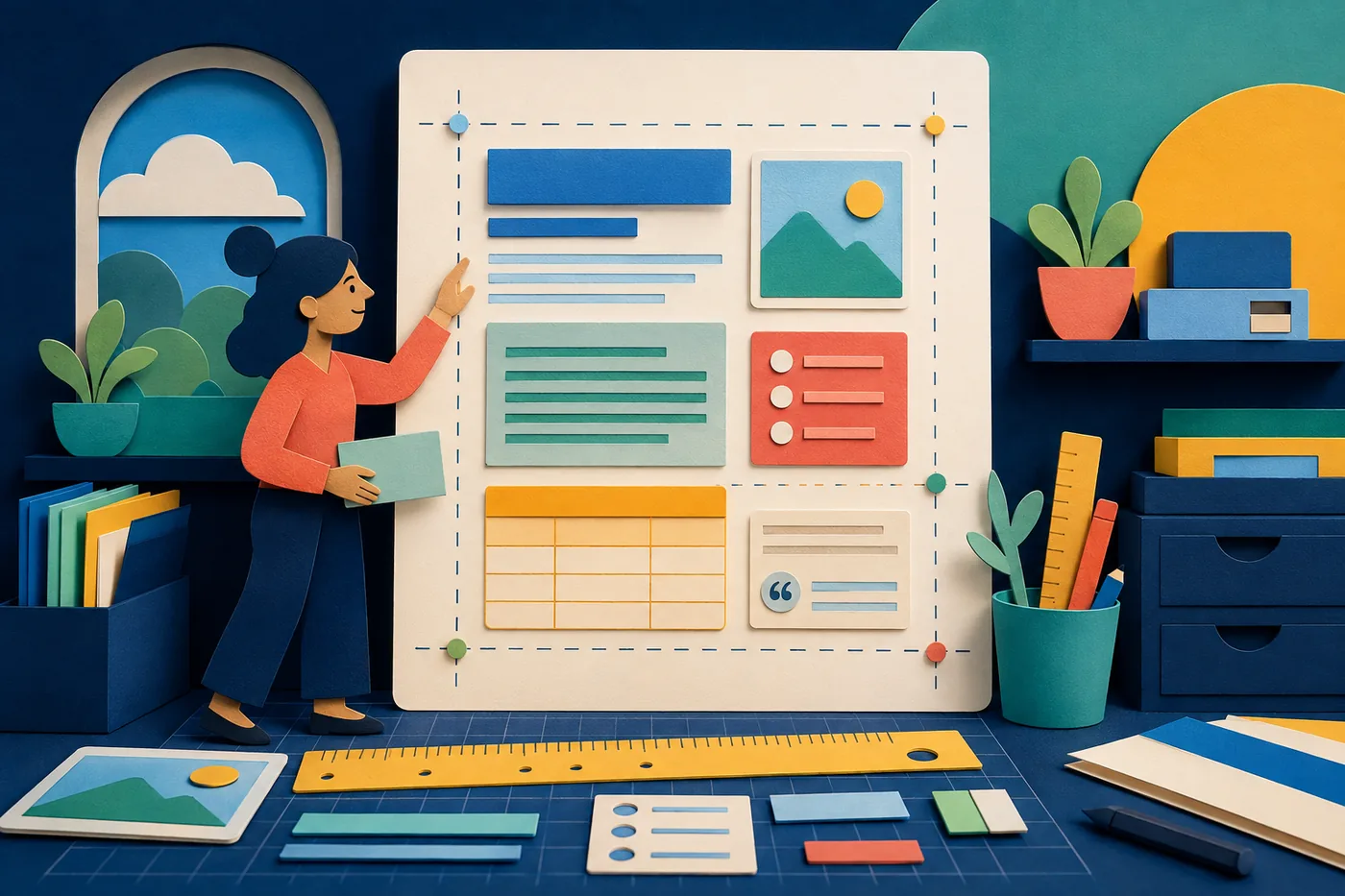 A document workshop with page blocks, comments, headings, and version layers.