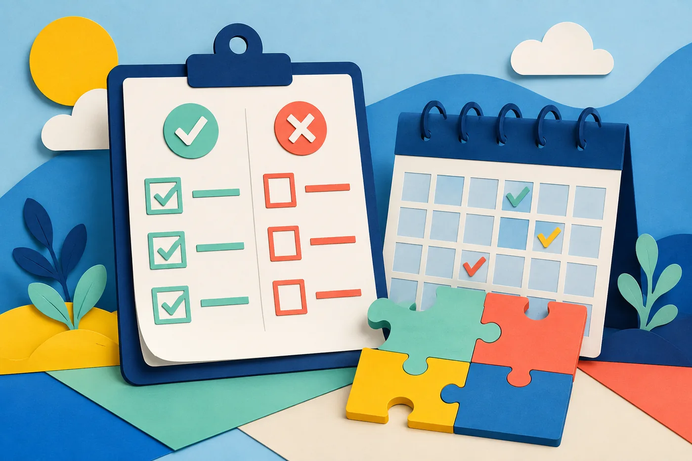 A rules checklist, calendar, and fit puzzle arranged for easy review.