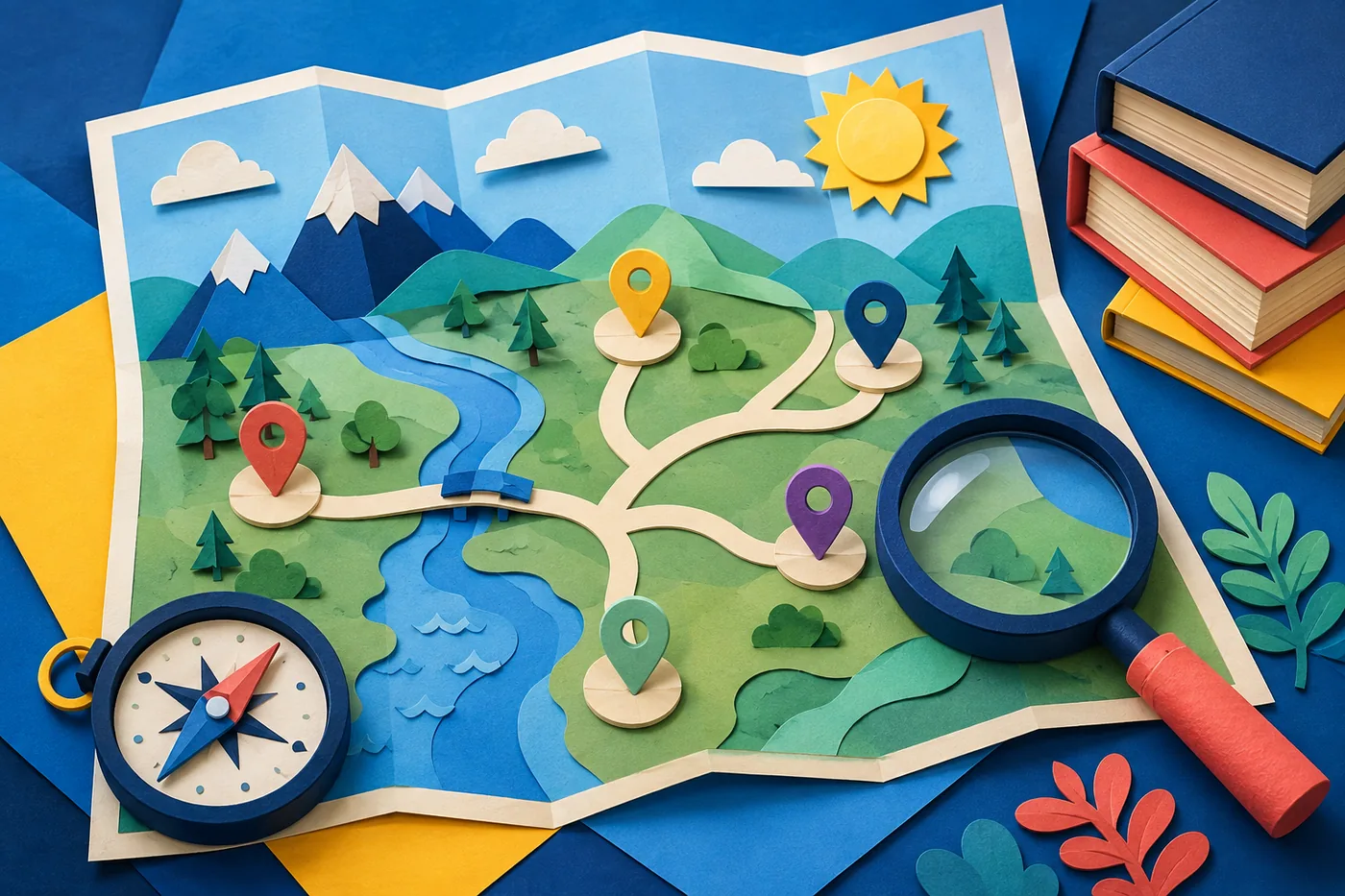 A playful map with a magnifying glass, compass, and opportunity markers.