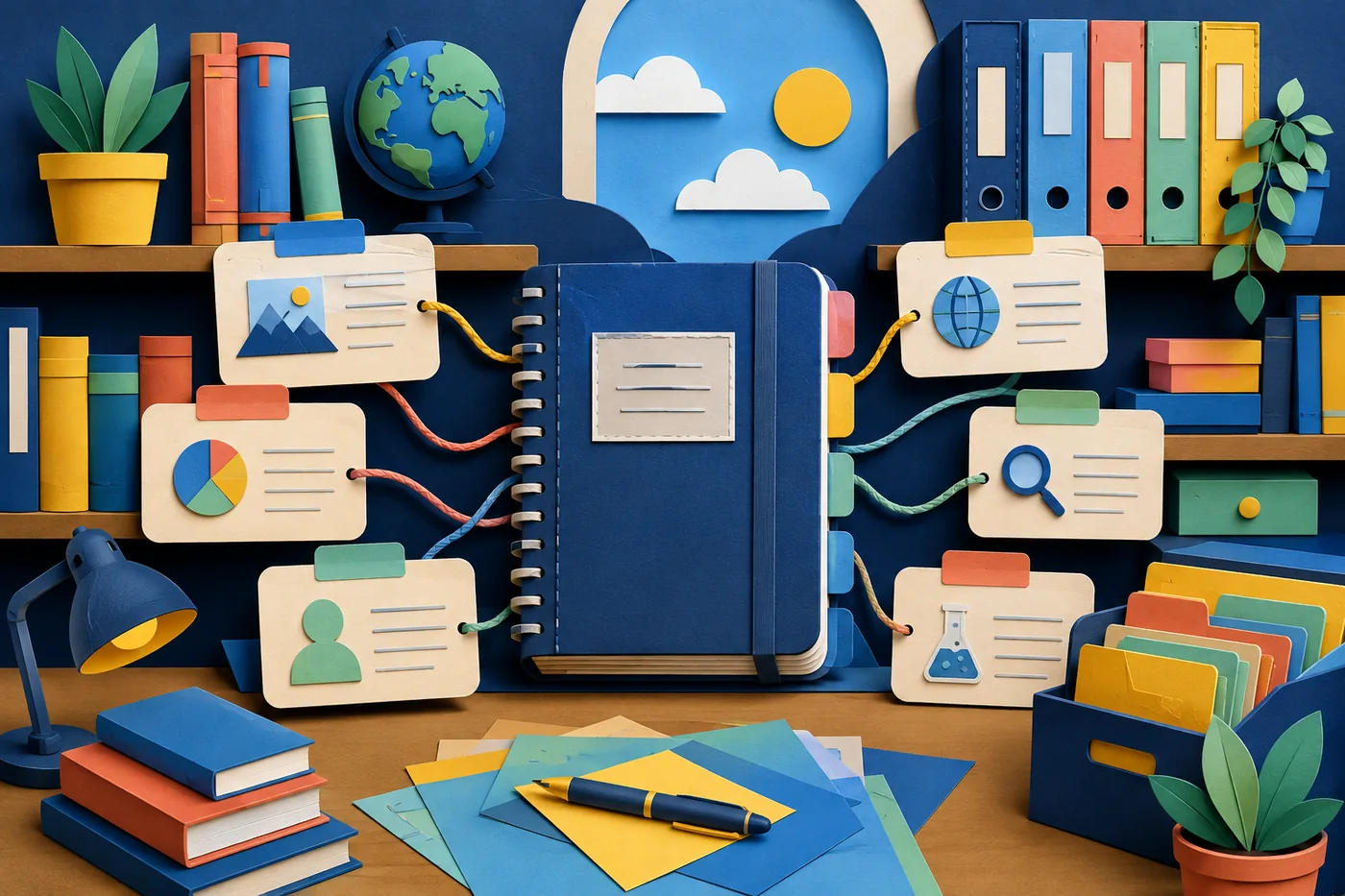 A friendly library of books, folders, source cards, and one research notebook.