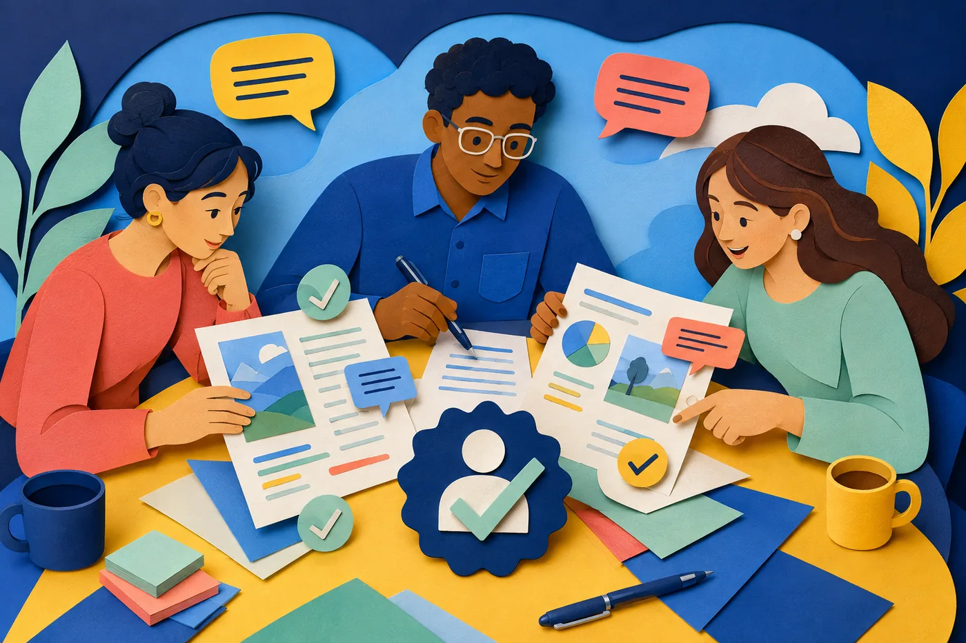 Three illustrated teammates reviewing proposal pages with comments and checkmarks.