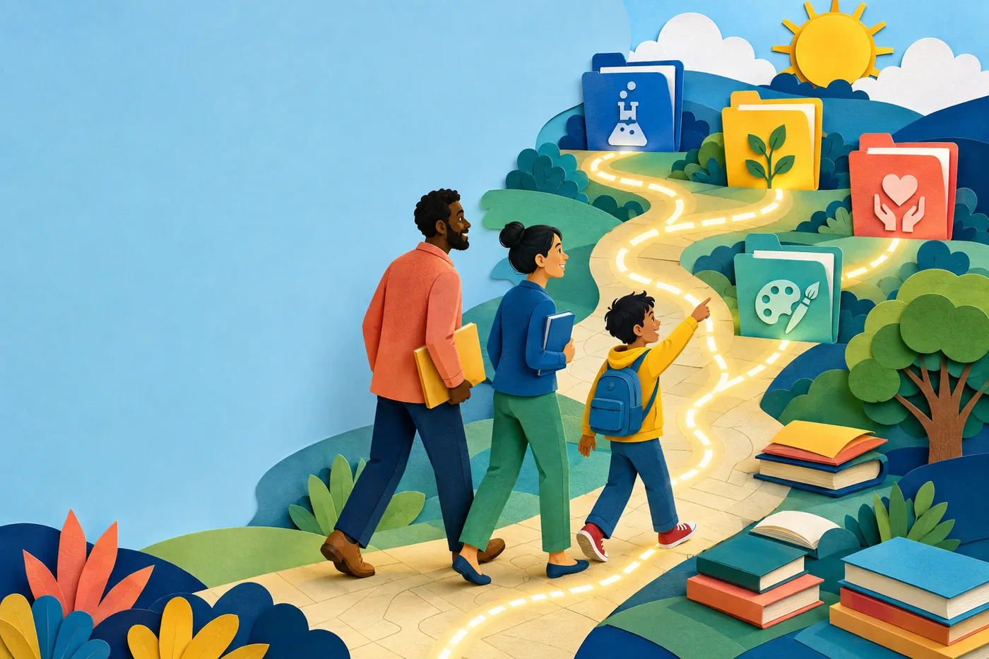 A fictional community team following a bright map toward possible grant opportunities.