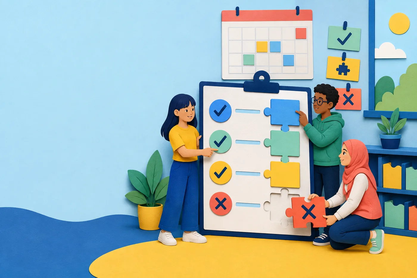 An illustrated team using clear checklists and matching pieces in an inclusive workspace.