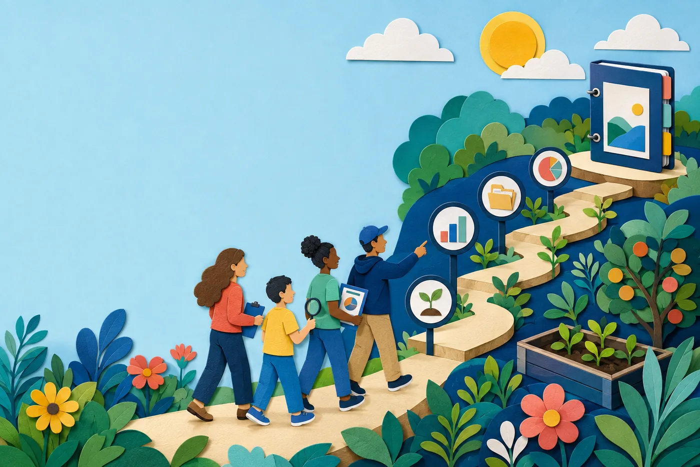 An illustrated path of milestones leading from public guidance to measured impact.