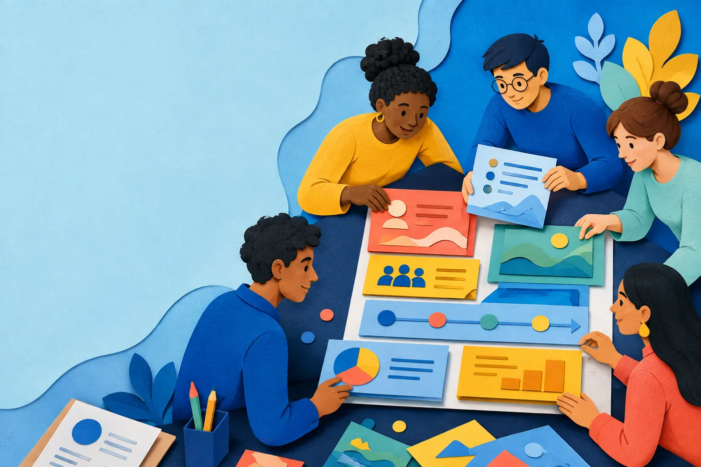 A fictional team arranging story, evidence, timeline, and budget blocks on a desk.