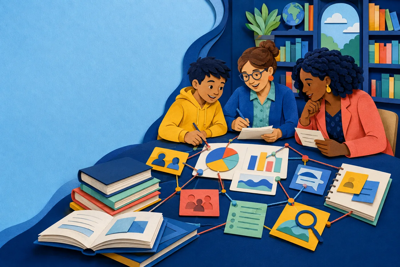 Books, charts, notes, and source cards connected in a bright research workspace.