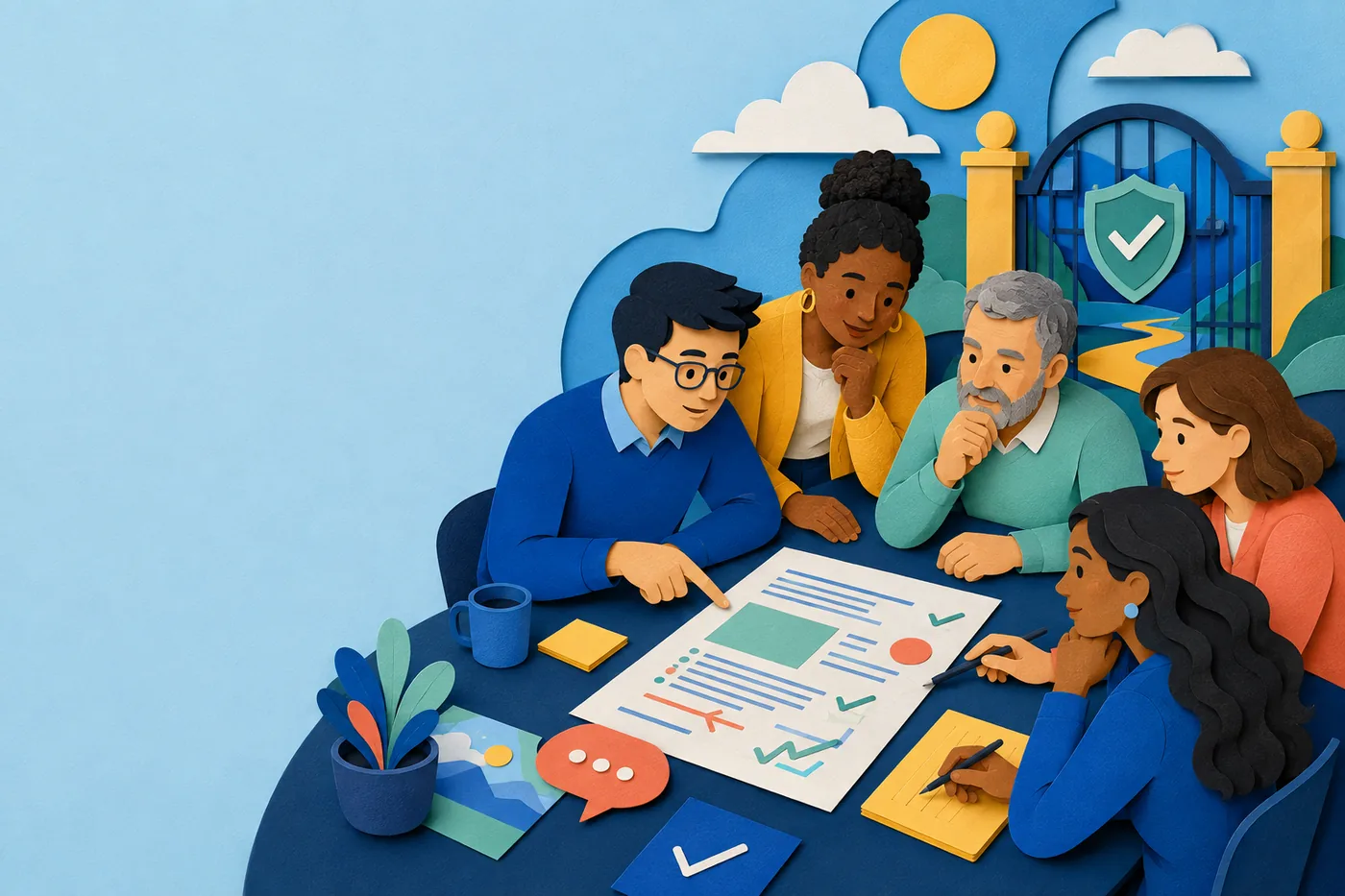 A diverse illustrated team reviewing a proposal together at a careful checkpoint.