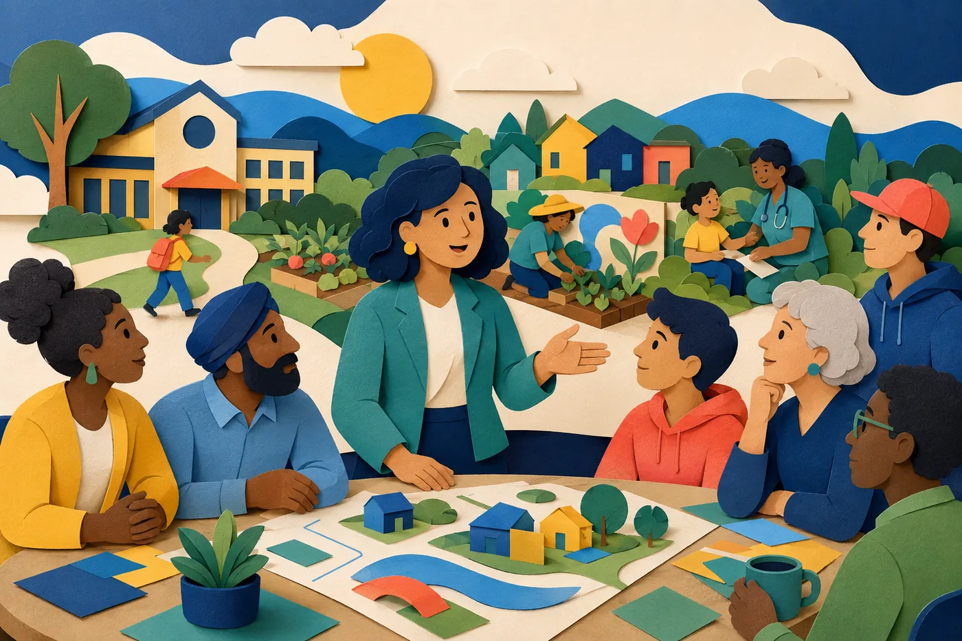 Books, technology, and community conversation circles along a rising path.
