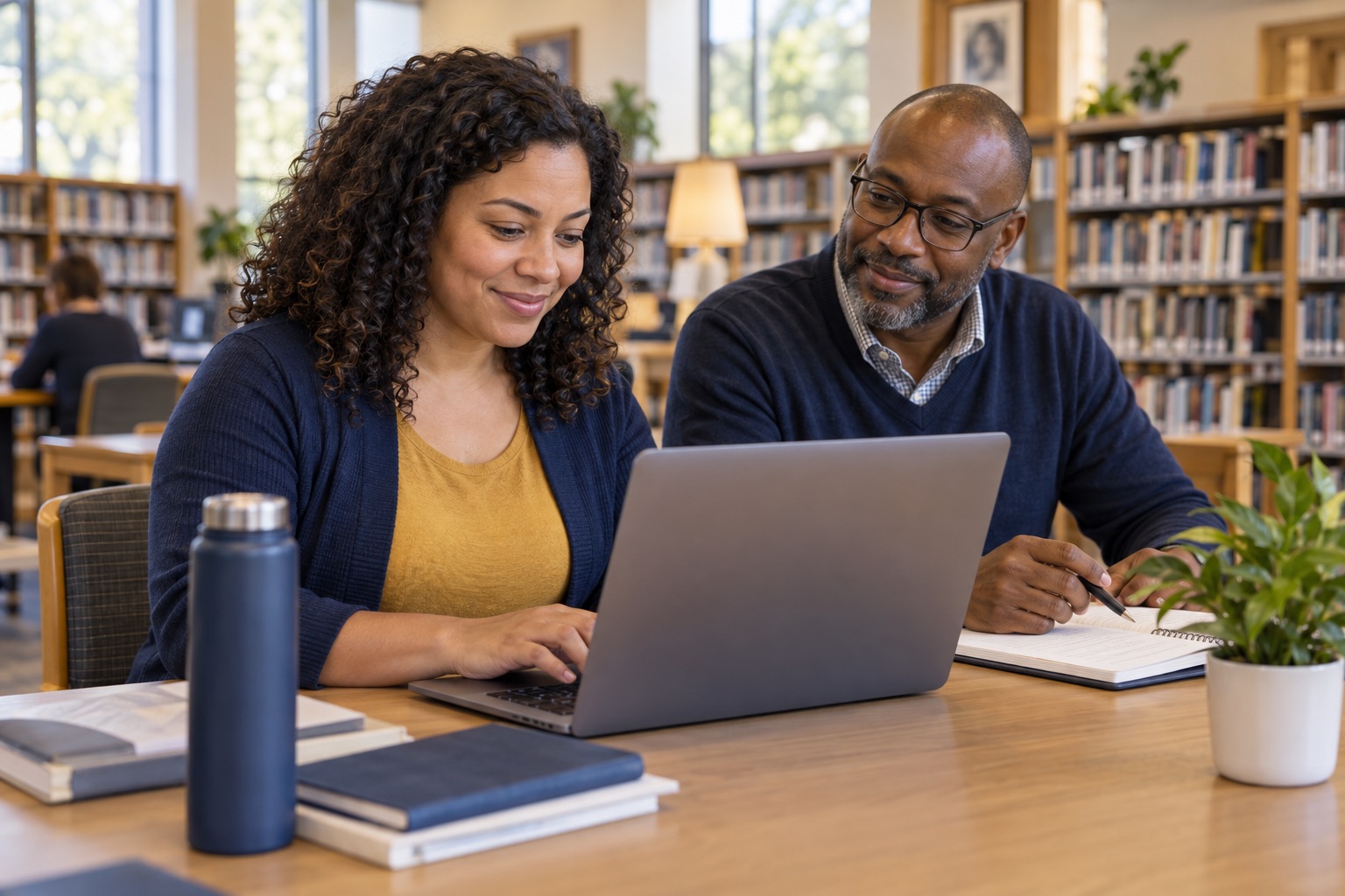Two community project organizers reviewing a message and project notes at a library table
