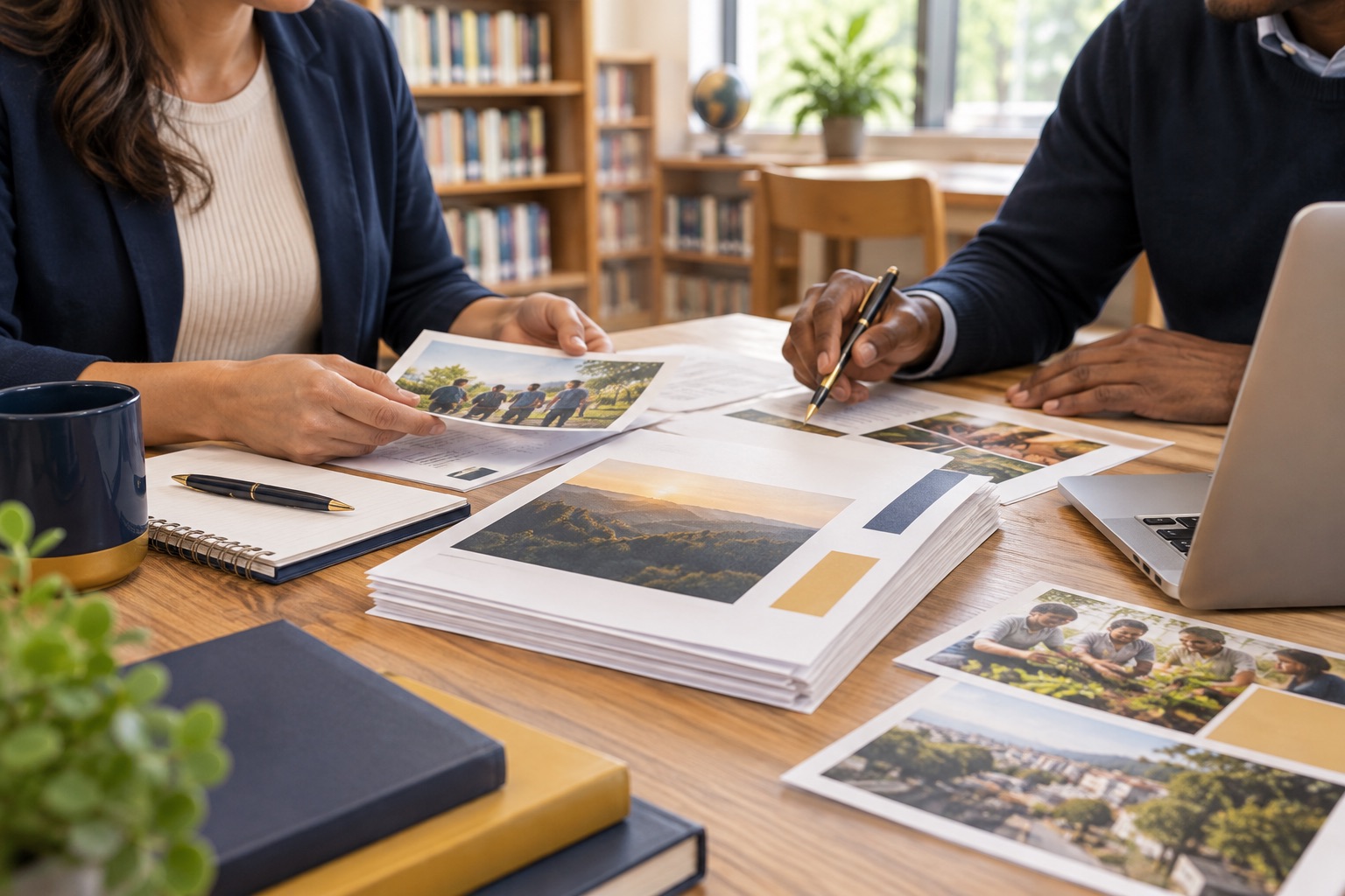 Community collaborators arranging photographs and a media packet at a library table