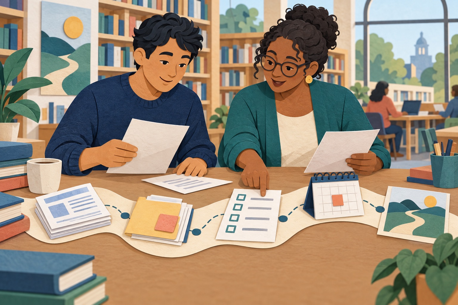 Two people reviewing a grant planning checklist together in a library