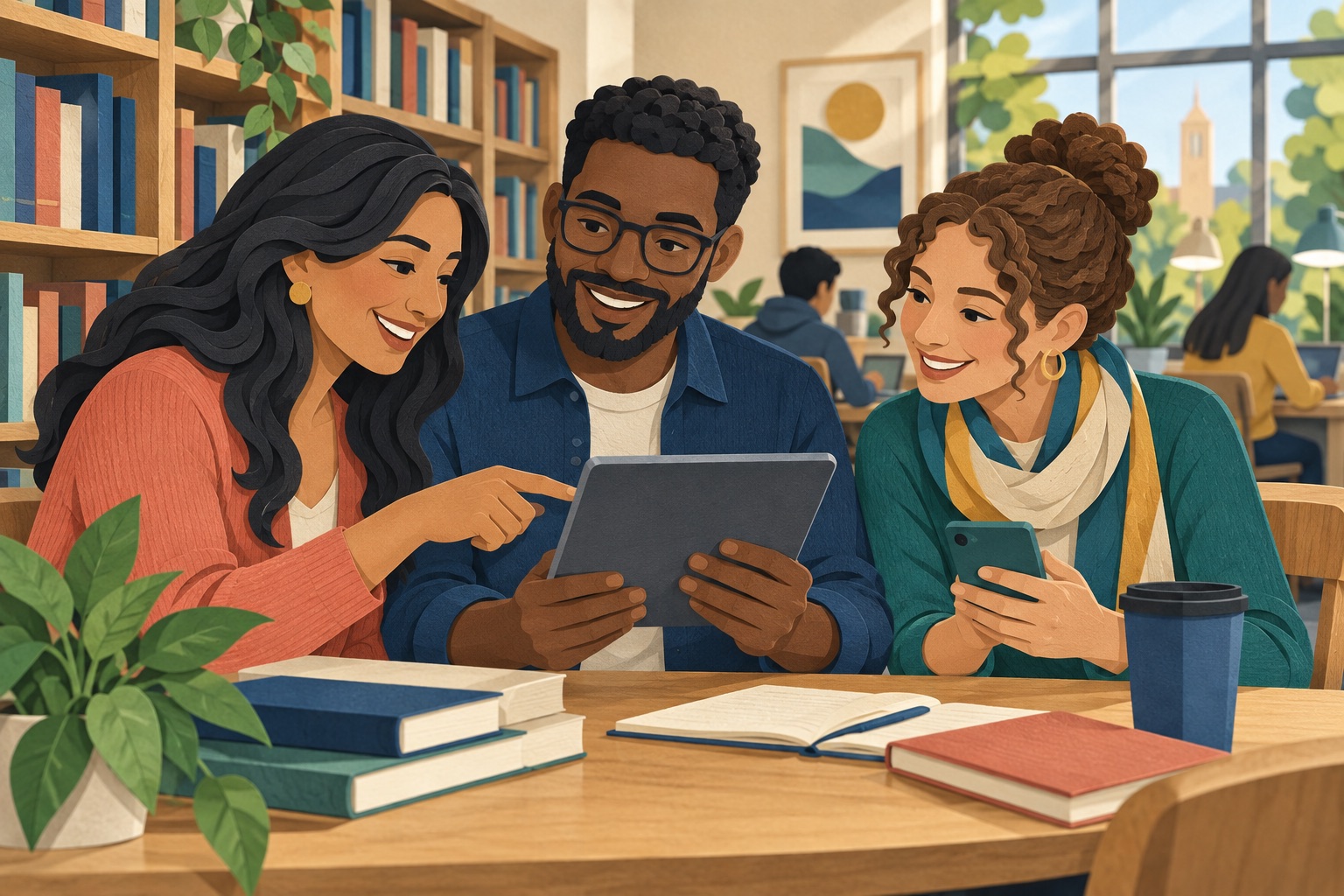 Friends sharing grant guidance on a tablet in a library