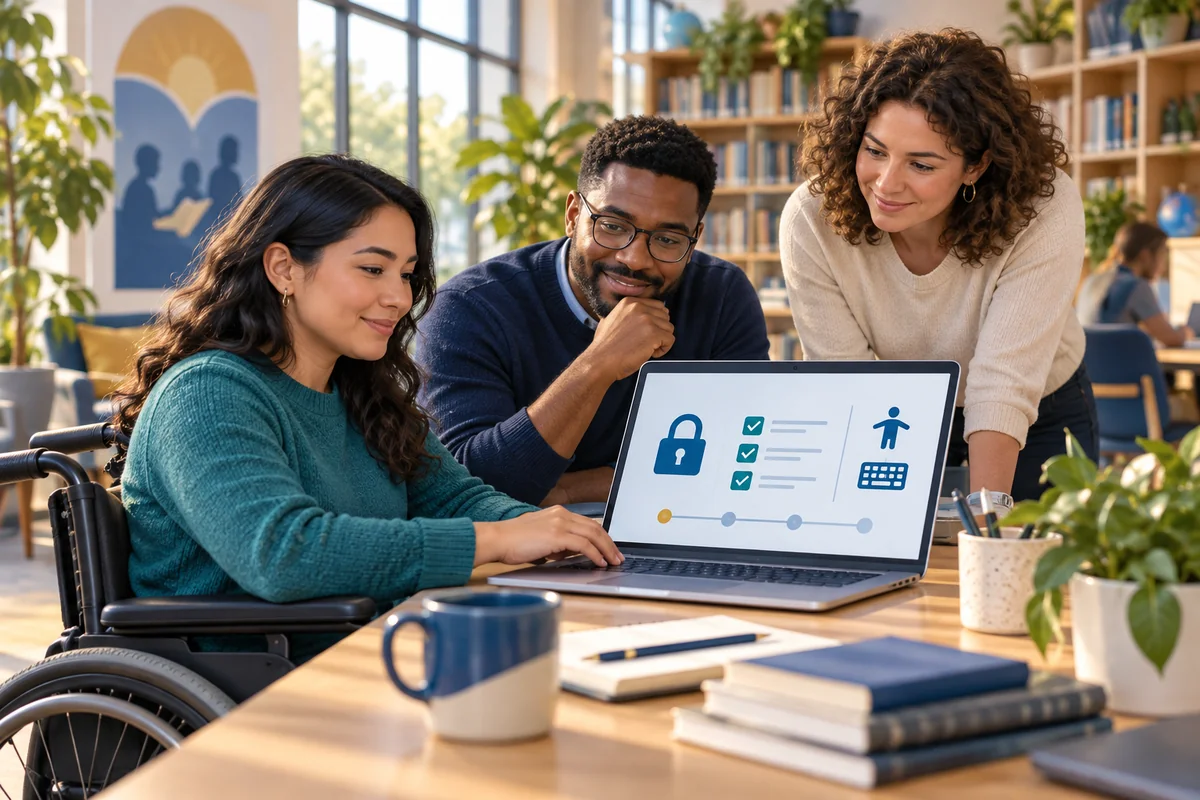 A diverse team considers privacy, access, and human review at a shared workspace.