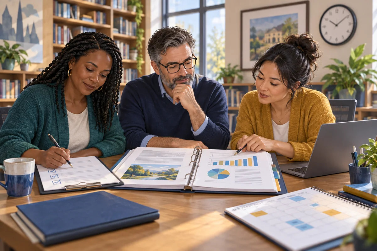 A team reviews a proposal budget and decision checklist before making commitments.