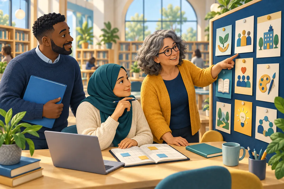 Community organizers comparing opportunity cards and a calendar in a library.