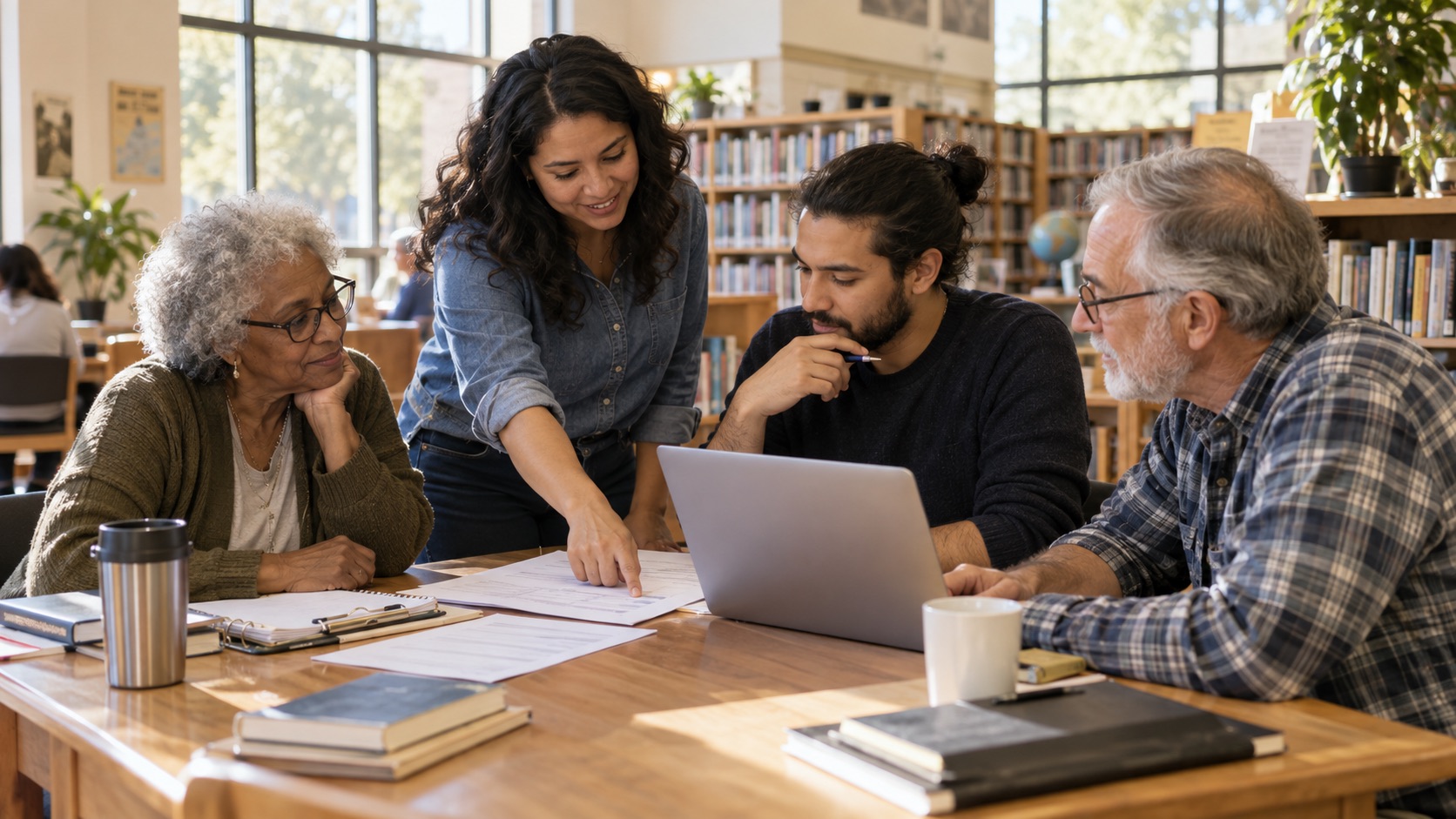 A grant team reviewing a proposal together at a library table