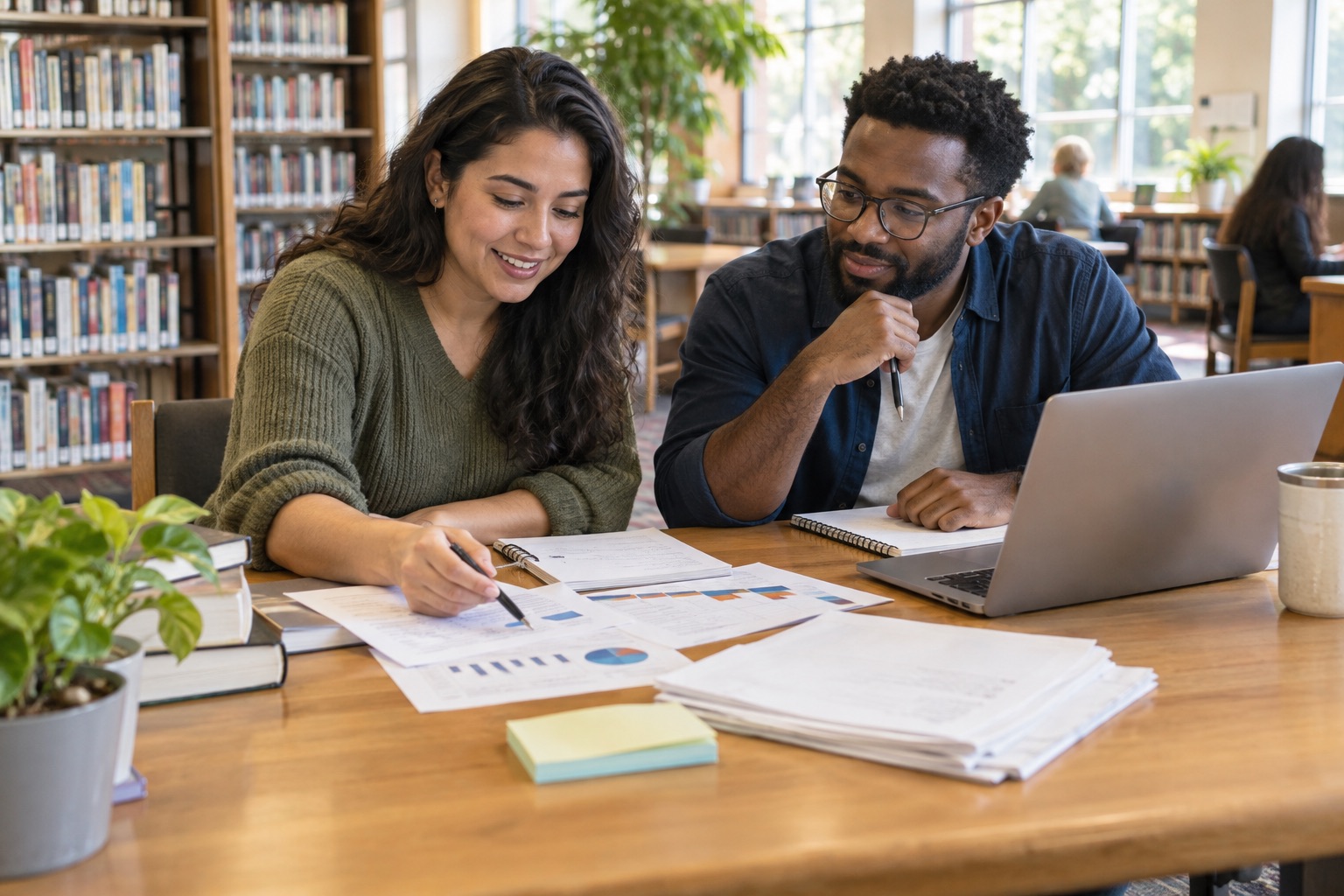 Two people organizing grant documents and a planning checklist at a library table